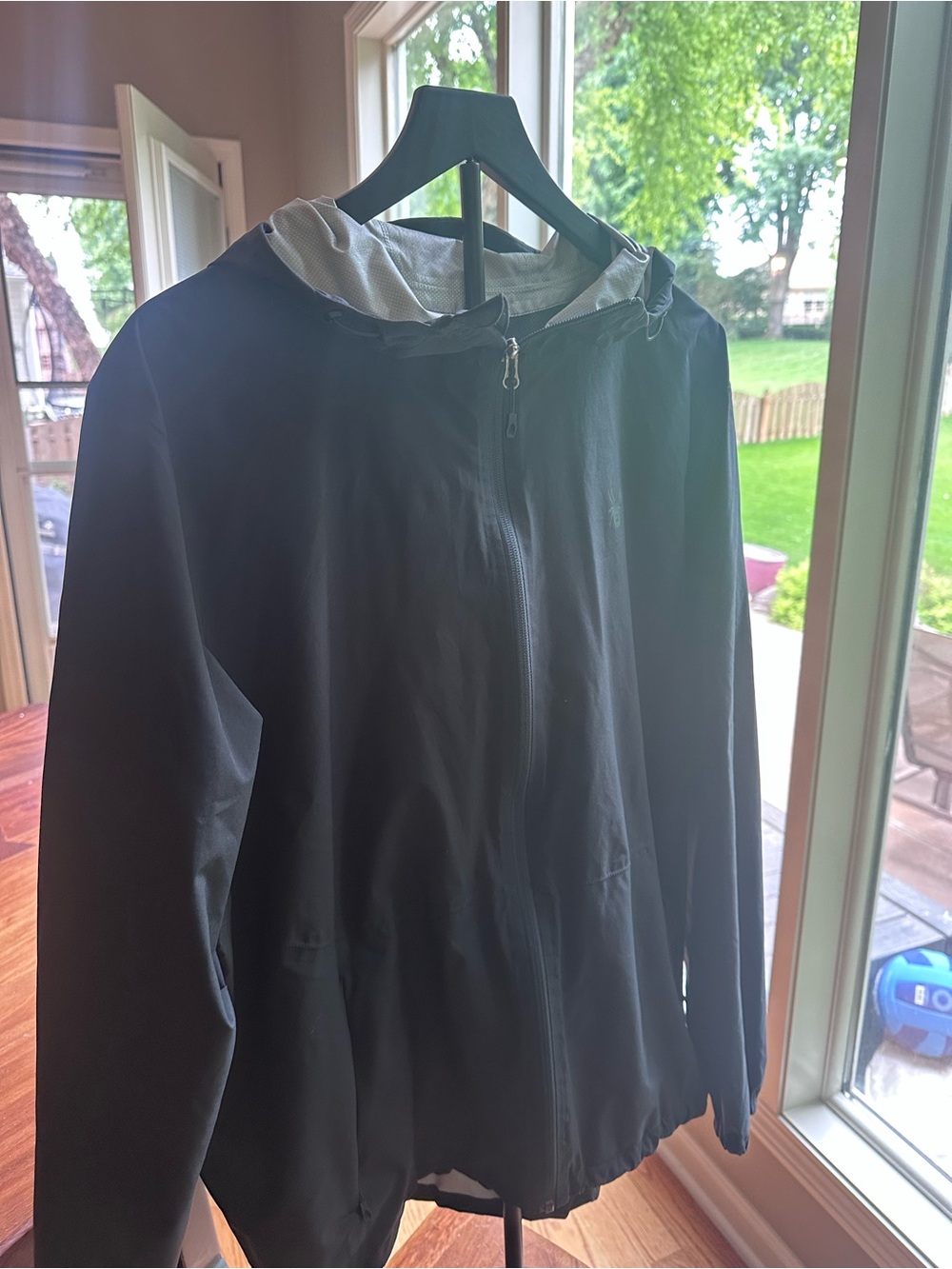Spyder Hooded Rain Jacket Mens Large Black Full Zip Windbreaker Golf Shell
